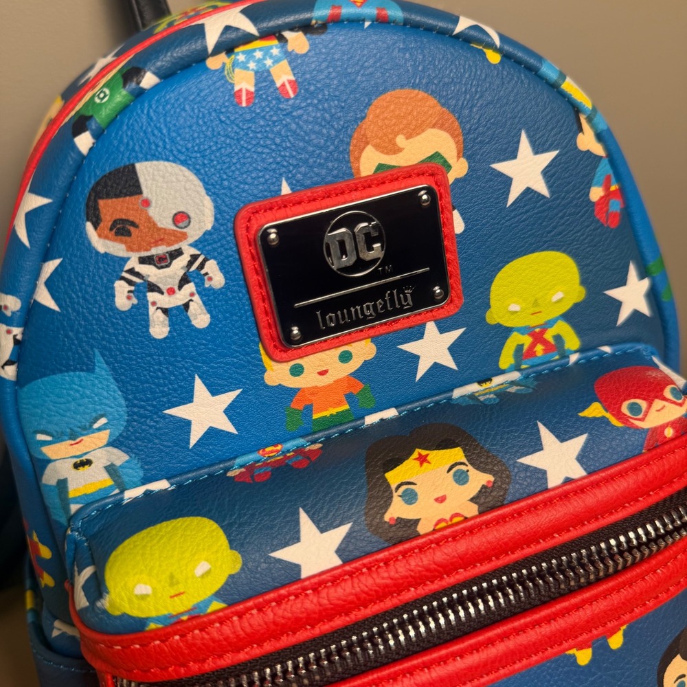 Loungefly DC Comics Justice League Chibi Mini Backpack Blue Stars Superhero Bag